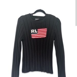 Ralph Lauren Black Knit Sweater with Flag Patch